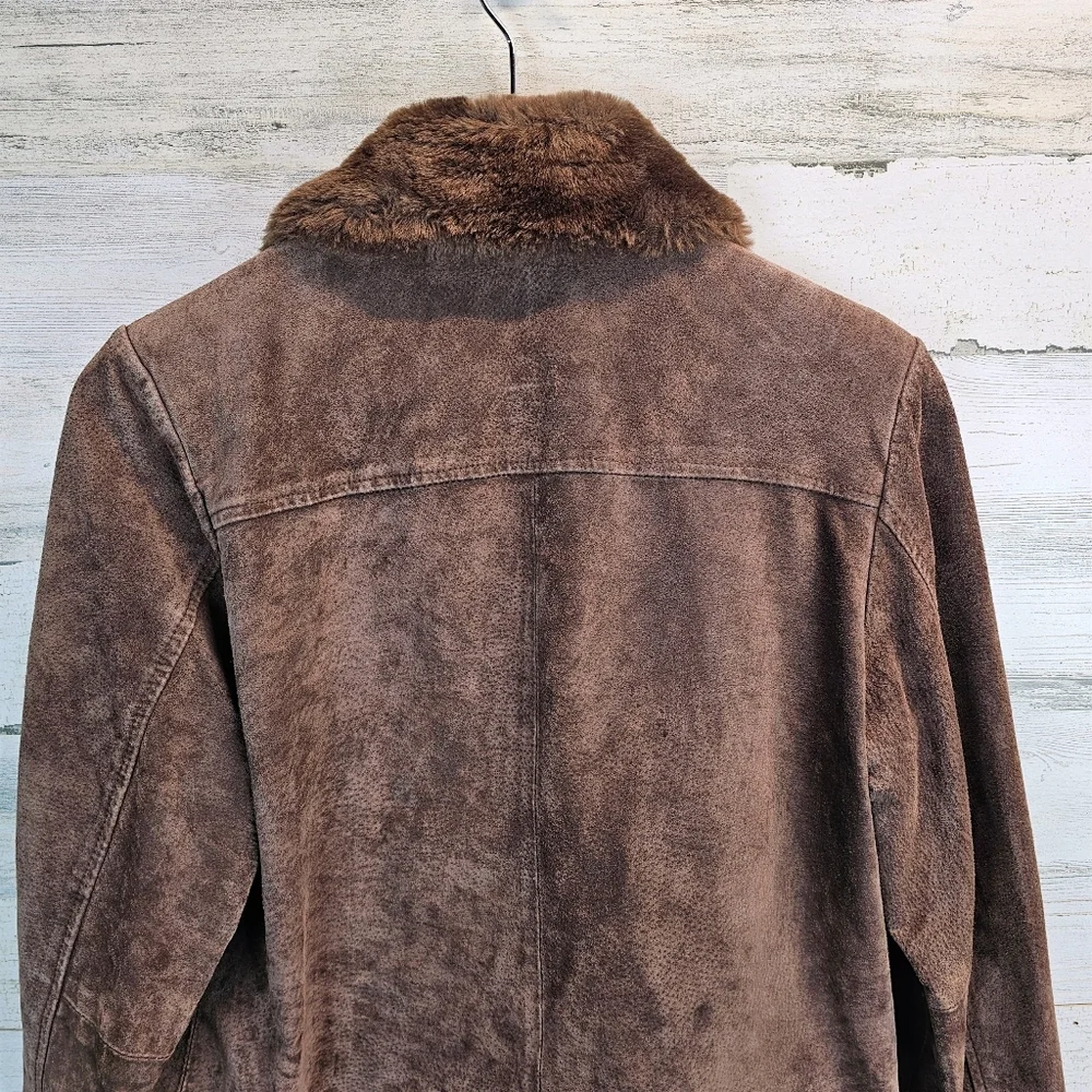 Vintage Brown Suede Leather Jacket M Faux Fur Collar Y2K Quiet Luxury Equestrian - Picture 9 of 12